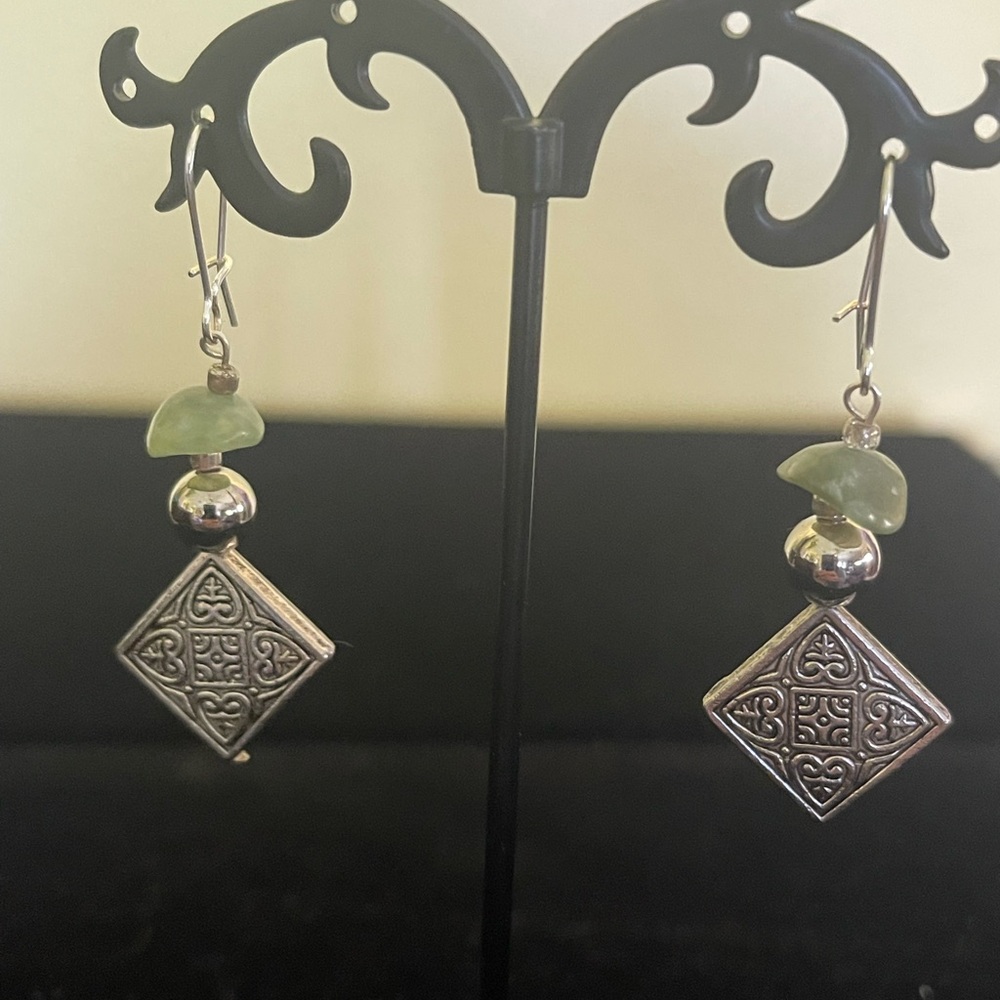 Artisan Silver and Green Jade Geometric Earrings